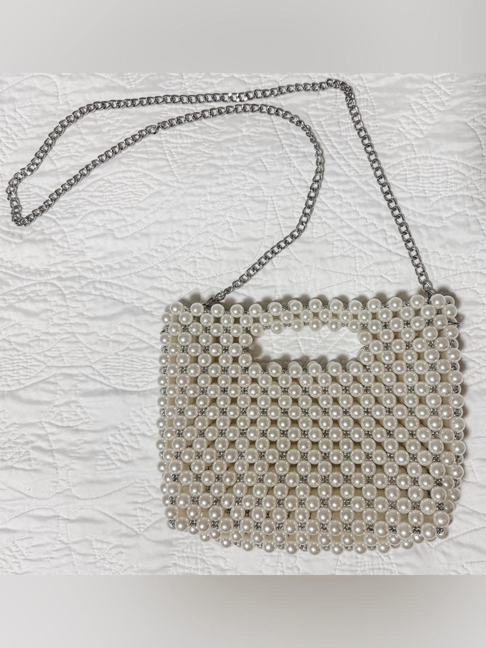 Pearl Beaded Shoulder Bag Silver Chain Bridal Wedding Purse